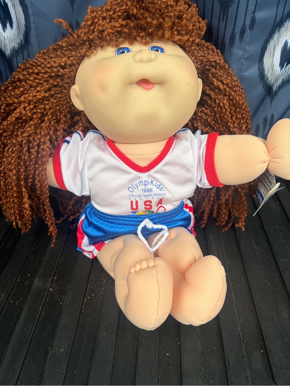 OlympiKids USA Cabbage Patch Doll with Brown Curly Hair and Blue Eyes
